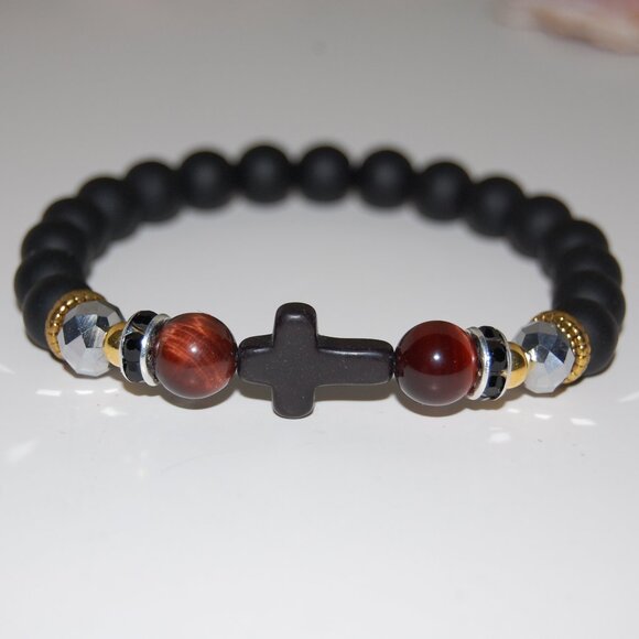 Cross Bracelet,Onyx Bracelet,Cross Onyx Stone Beads Bracelet,Onyx & Colorful Bea - Picture 3 of 3